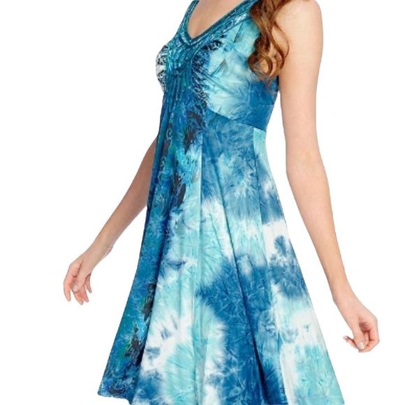 One World Live and Let Live Blue Tie Dye High Low Boho Sleeveless Dress Size L - Picture 2 of 10